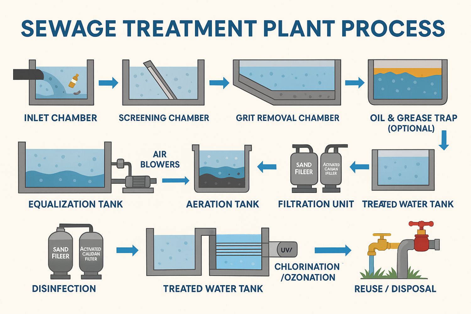 sewage treatment plant process with flow chart