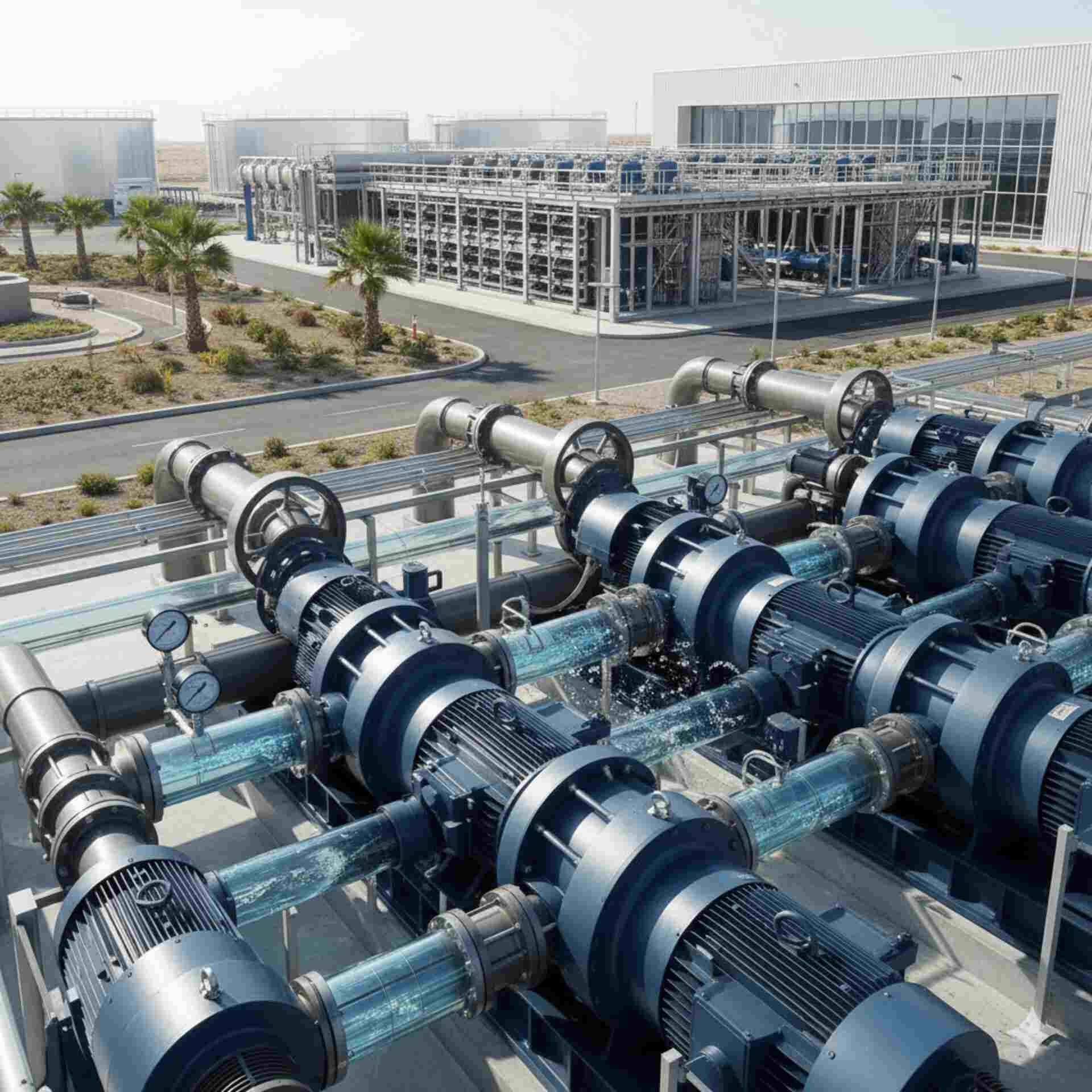 Industrial desalination plant piping and pumps